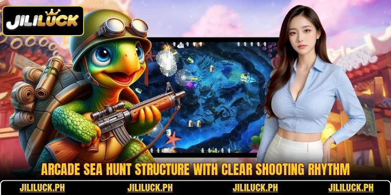 Arcade sea hunt structure with clear shooting rhythm